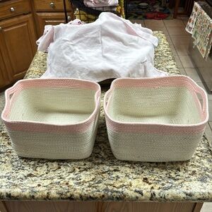 Baskets with Handles Braided Pink and White Pair